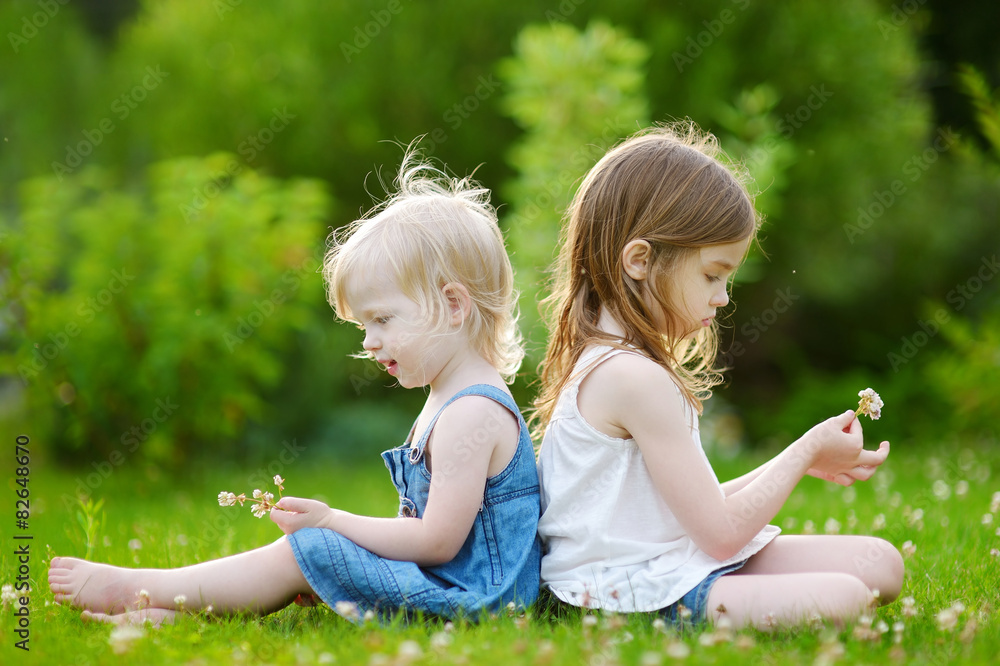 Two sisters sitting on the grass on summer day Two sisters sitting on the grass on summer day