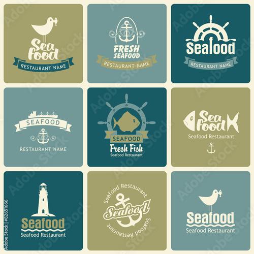 set of logos on the theme of seafood in retro style