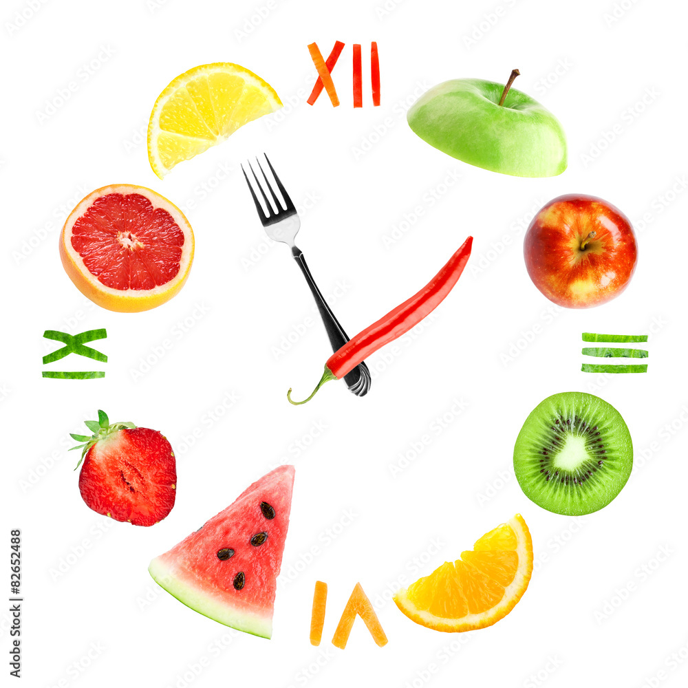 Naklejka premium Food clock with fruits