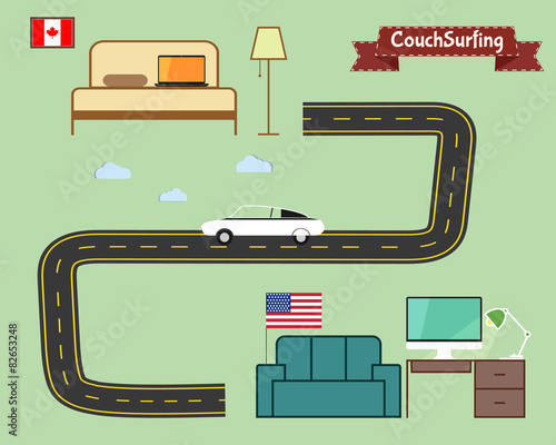 Couch surfing concept. Travel infographic. Share your sofa. Car