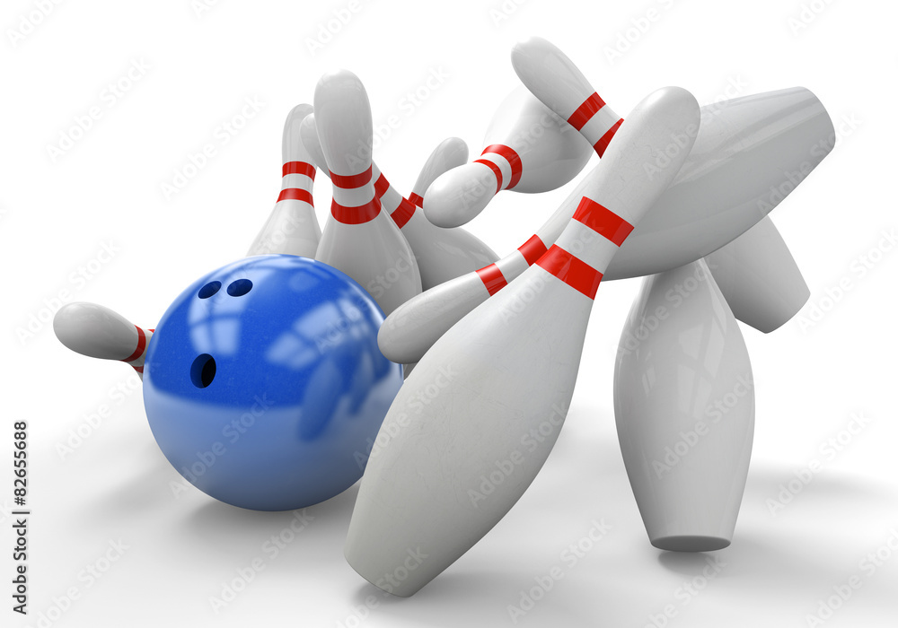 Blue 3D bowling ball smashing into pins for a strike Blue 3D bowling ball smashing into pins for a strike