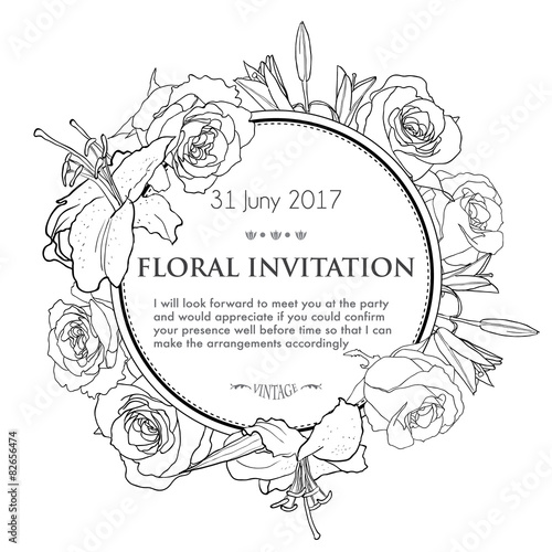 Vintage invitation card with black and white hand drawn frame of