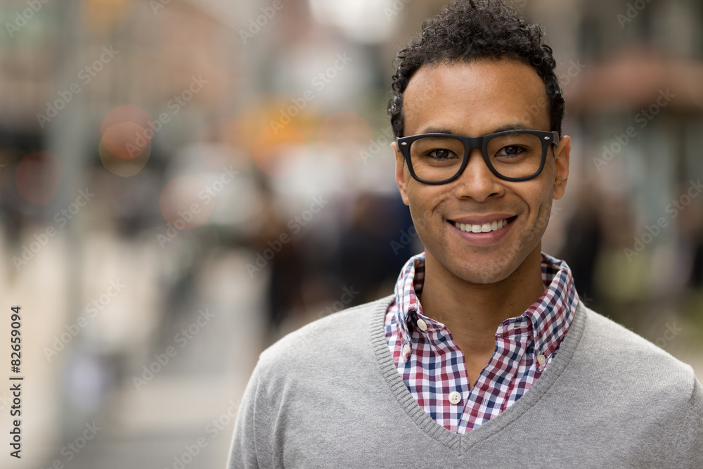 Obraz premium Young African Asian man in New York City smile face portrait