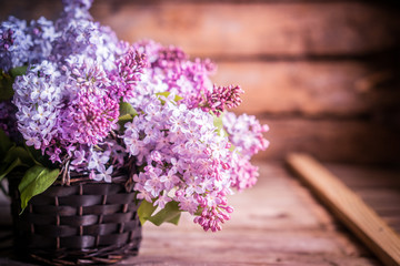 Papier peint photo Lilas Bouquet de lilas sur bois ancien  © ehaurylik