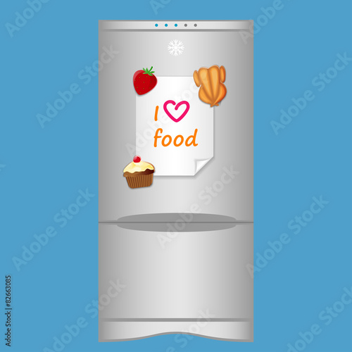 Icon with refrigerator end blank note "I love food" on magnets