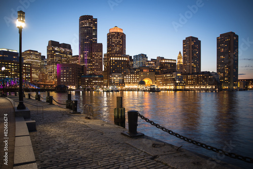 View at downtown Boston in Massachusetts across the bay at night
