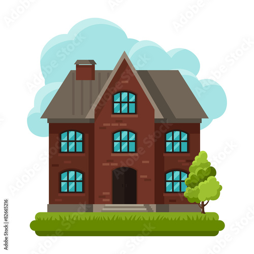Illustration of old brick cottage on clouds background