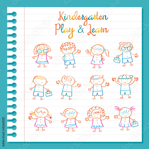 Kindergarten, Line Drawing Kids Characters Set