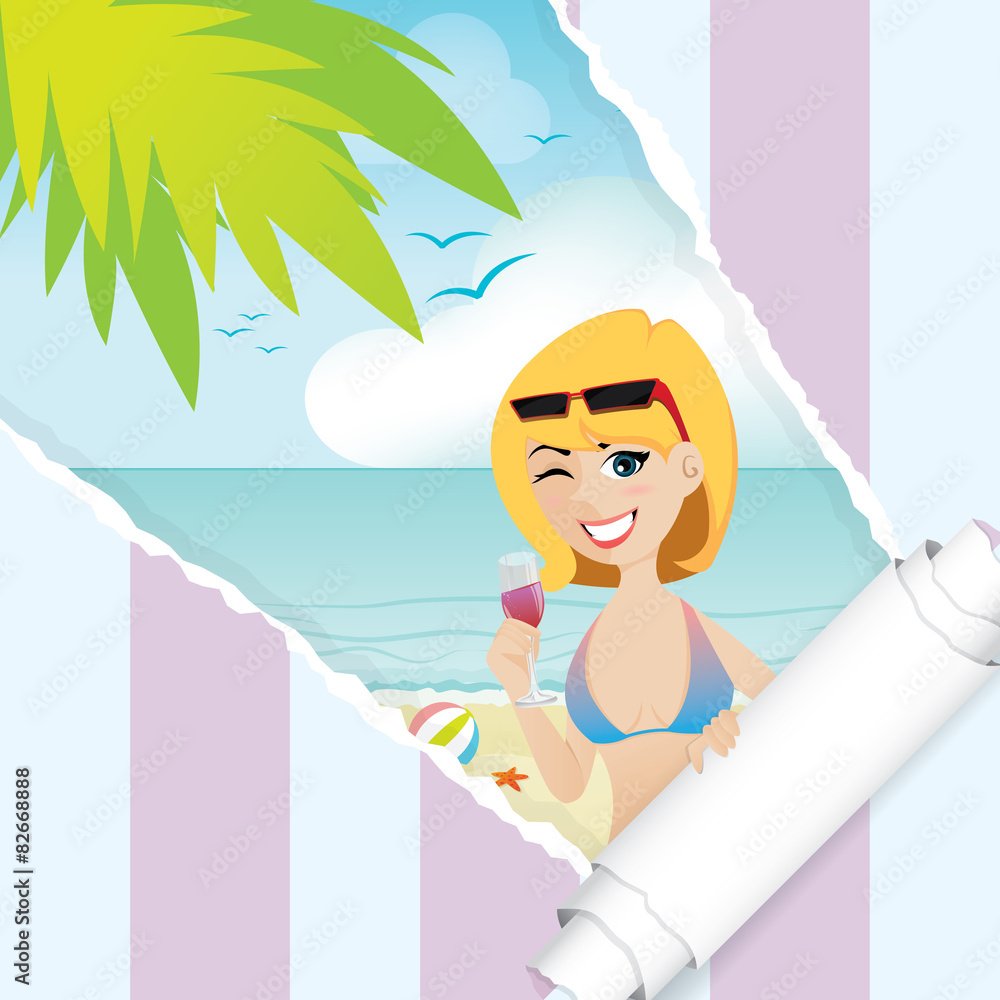 cartoon sexy girl on the beach background with ripped paper Stock Vector |  Adobe Stock