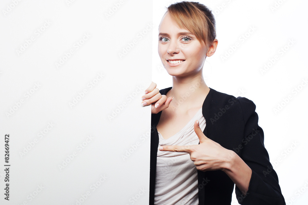 young business woman showing blank signboard young business woman showing blank signboard