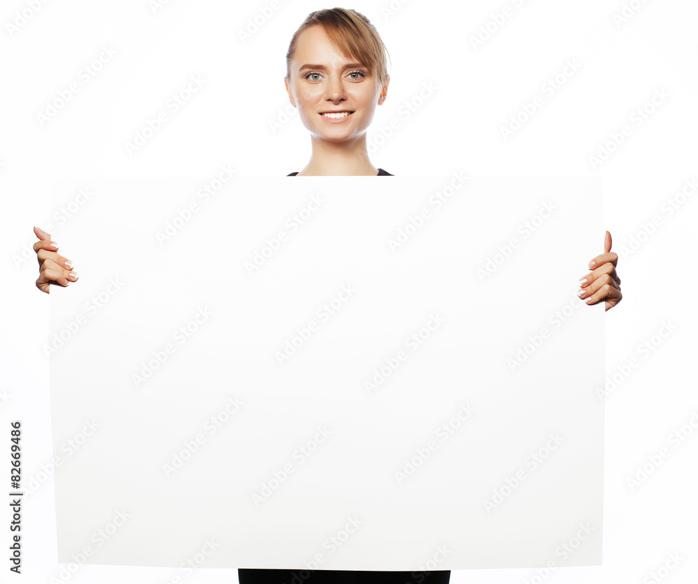 young business woman showing blank signboard young business woman showing blank signboard