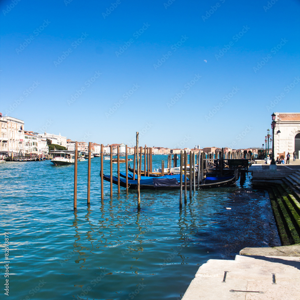 Panoramic view of Venice lagoon with gondolas