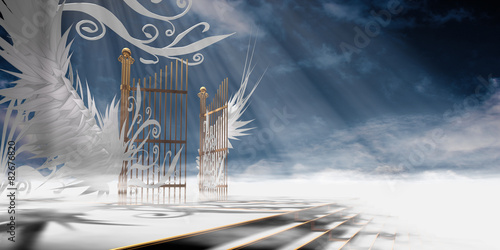 Gates of heaven concept wrapped in wings and ornaments over raised stair (version 1 - dark atmosphere) - 3d high resolution rendering.	