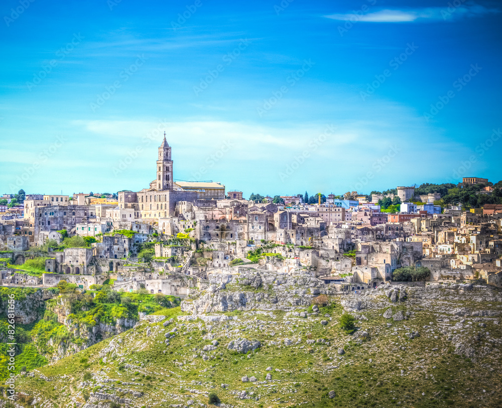 View of Matera,basilicata, Italy, UNESCO under blue sky