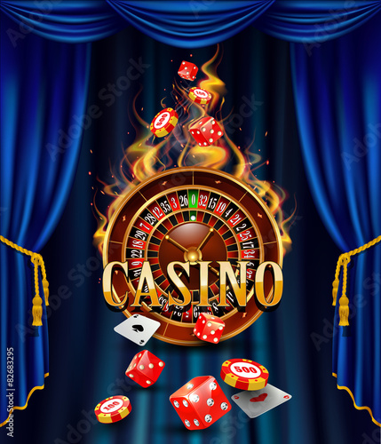 Casino background with cards, chips, craps and roulette.