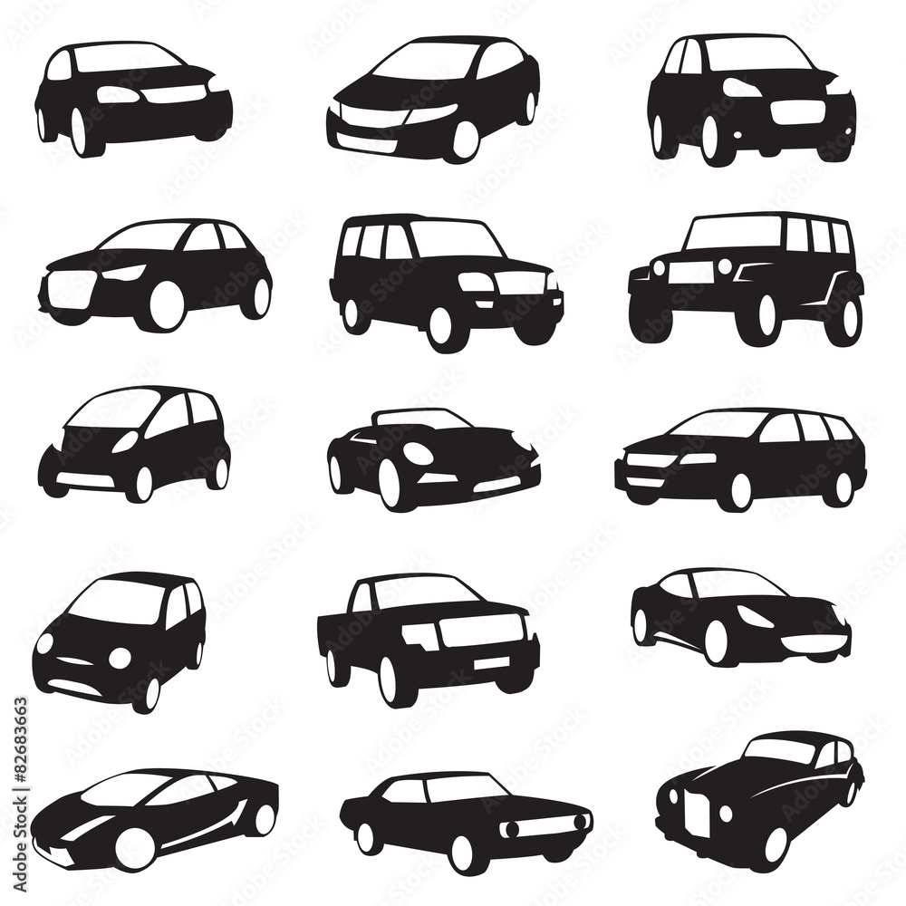 set of fifteen black cars silhouettes
