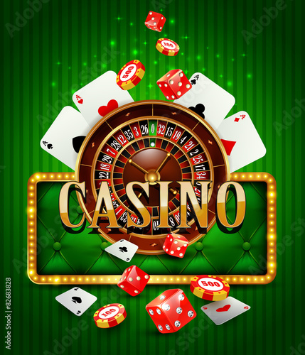 Casino background with cards, chips, craps, roulette.