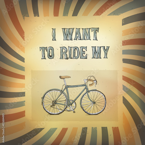 Vintage bycicle poster. On retro sunburst background