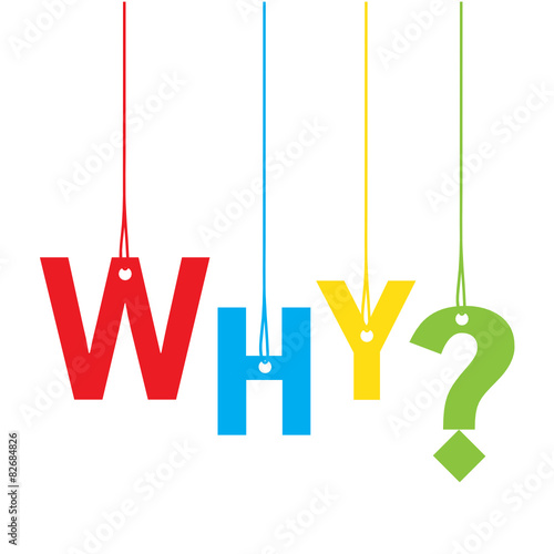 Suspended multicoloured letters spelling "WHY?" 