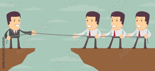 Abstract Businessmen Tug of war on a cliff. Vector illustration