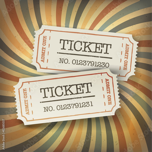 Two cinema tickets. On retro sunburst background
