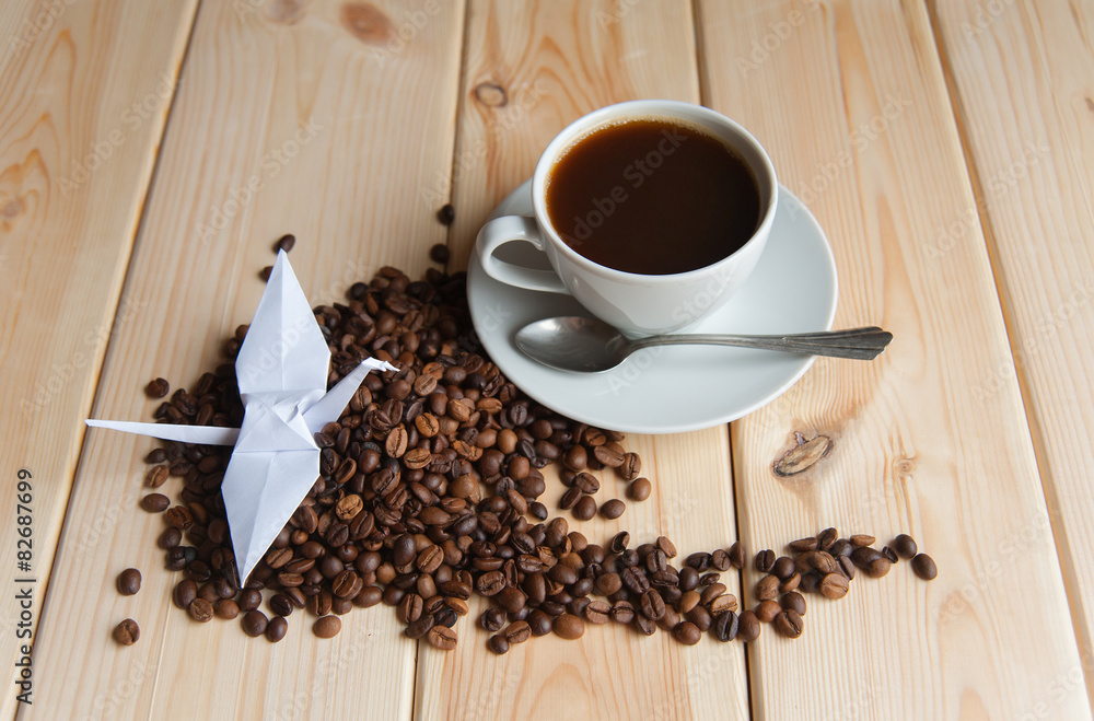 Cup of coffee with crane Cup of coffee with crane