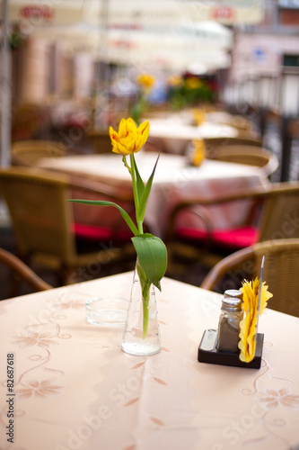 Flower on the table in cozy cafe