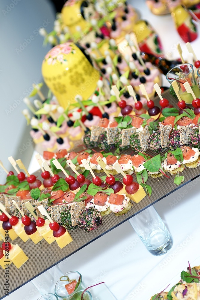 Different snack and canape on a table