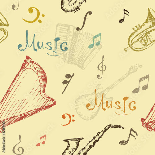 Seamless pattern with hand drawn musical instrument.