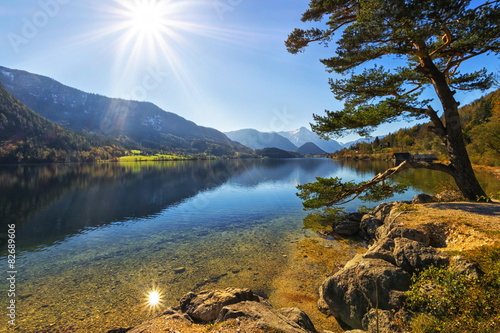 Grundlsee lake shore in sunlight with beautiful tree, Alps mount