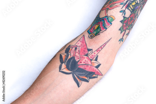 Pink Crane Black Lotus Forearm Tattoo