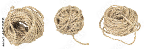 Ball and skein of hemp twine on white photo