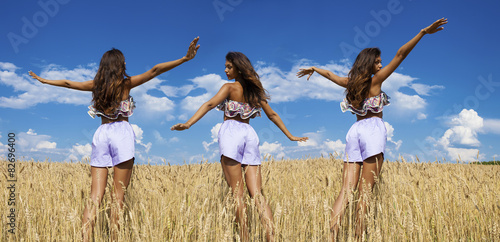 Collage, Sexy young women in blue shorts in a wheat golden field