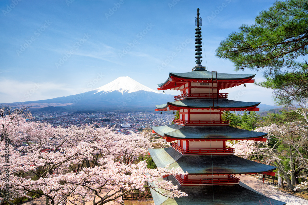 Naklejka premium Wiosna i Sakura w Chureito Pagoda w Japonii Fujiyoshida