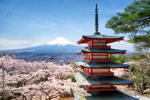 Frühling und Sakura bei der Chureito Pagoda in Japan Fujiyoshida