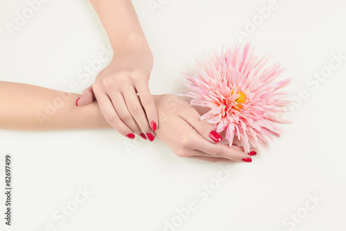 beauty Woman hand with pink flower