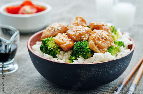 Photography teriyaki chicken and broccoli stir fry with rice