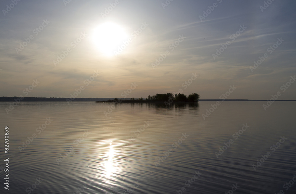lake, sunset, island on a river,