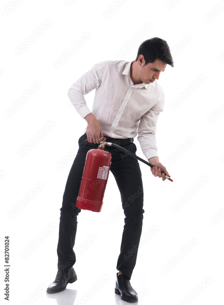 Young Man Holding Fire Extinguisher