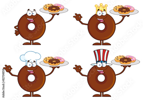 Chocolate Donut Cartoon Character 4.  Collection Set 