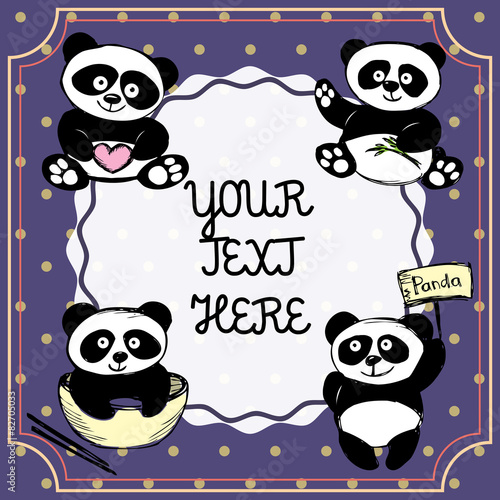 Fototapeta Naklejka Na Ścianę i Meble -  Vintage postcard, banner or background with cute pandas and plac