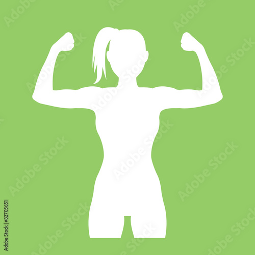 Fitness club logo with woman silhouette. Woman shows her muscles