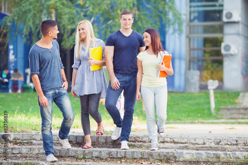 Quadro su tela Four young students talking in university campus