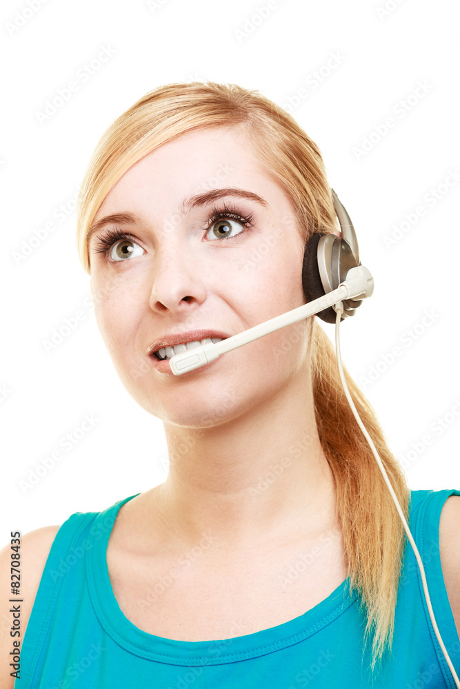 Customer service headset woman talking giving online help Customer service headset woman talking giving online help