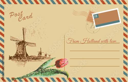 Vintage postcard with Netherlands windmill