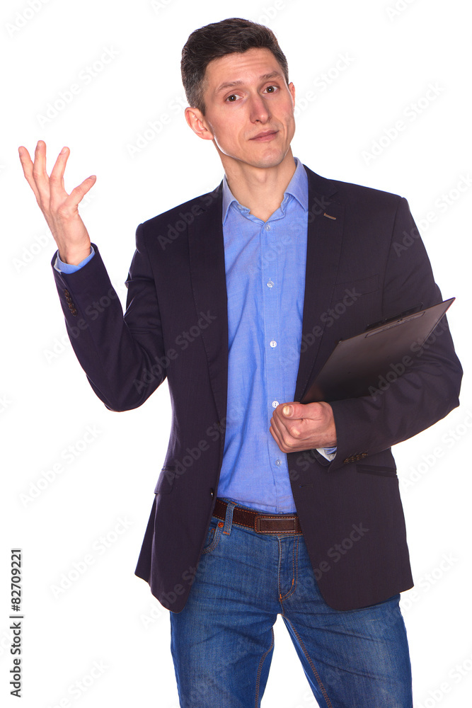 Businessman holding a board Businessman holding a board