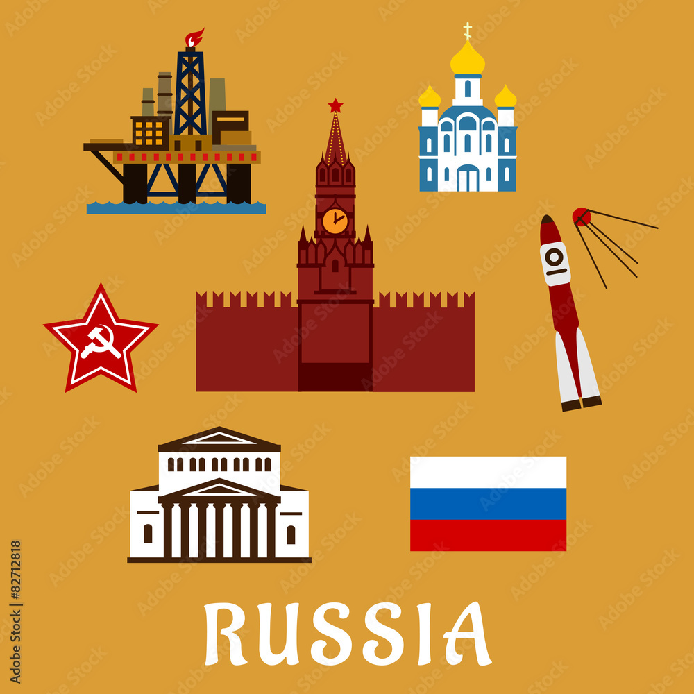 Russian flat travel icons and symbols