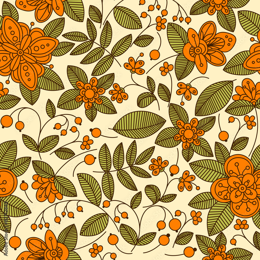 Fototapeta premium Floral seamless pattern with orange berries