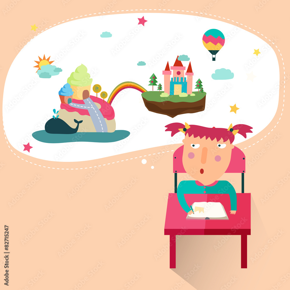 Naklejka premium A girl is drawing a fantasy picture from her great imagination i