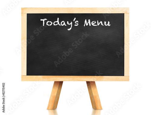 Fototapeta Today's menu word on blackboard with easel and reflection on whi